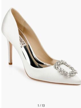 Badgley Mischka White Satin Crystal-Embellished Pointed Pump